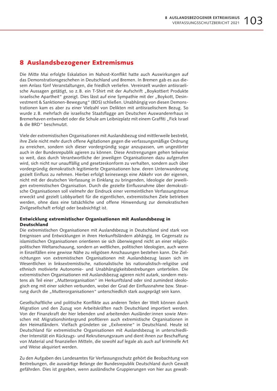 Seite 103 des Verfassungsschutzbericht 2021 Bremen