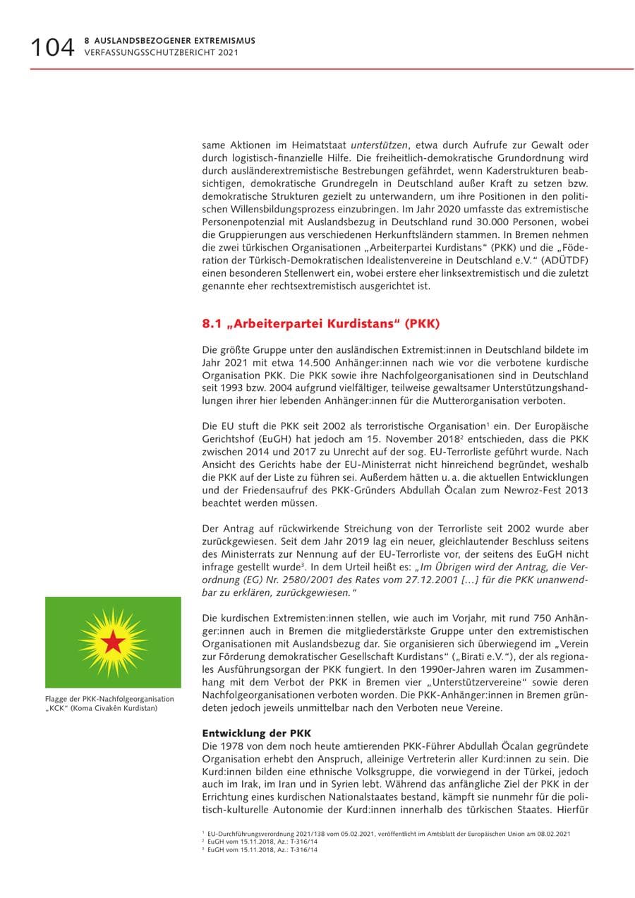 Seite 104 des Verfassungsschutzbericht 2021 Bremen
