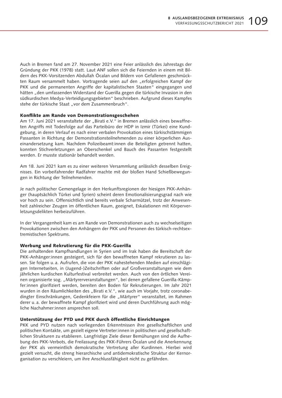 Seite 109 des Verfassungsschutzbericht 2021 Bremen