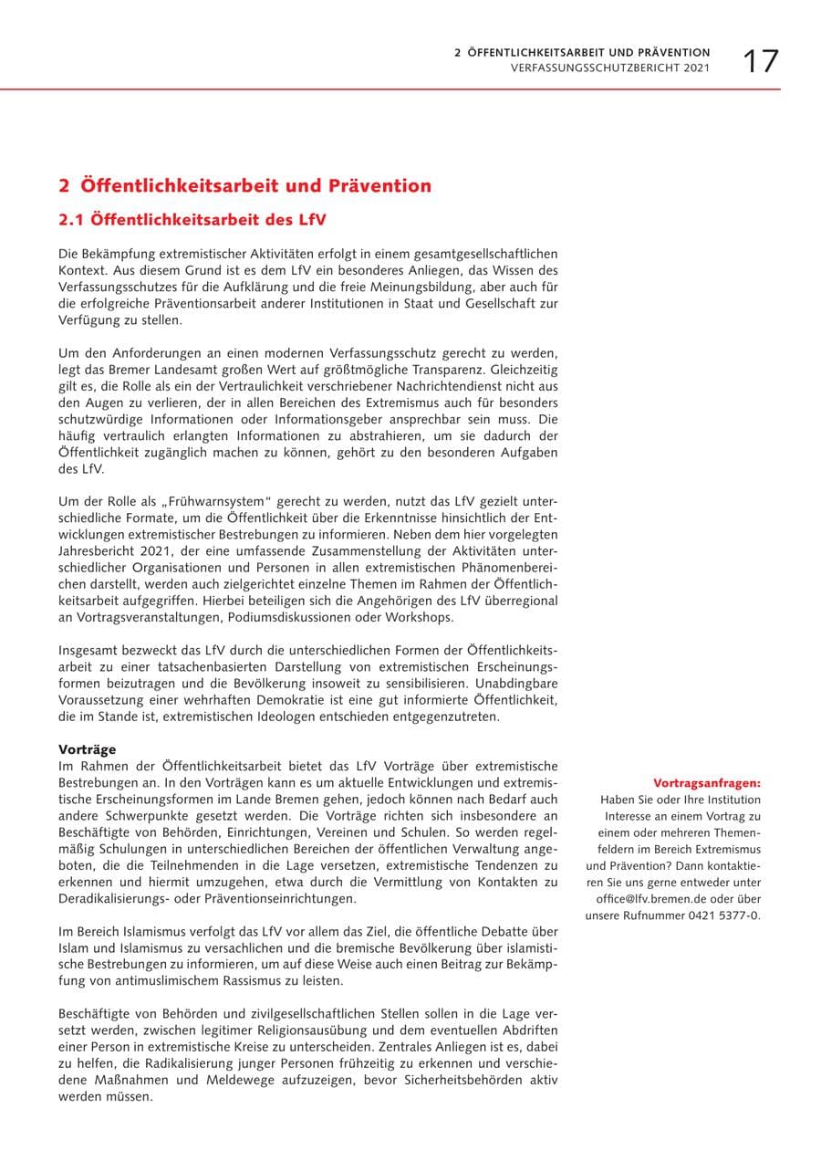Seite 17 des Verfassungsschutzbericht 2021 Bremen