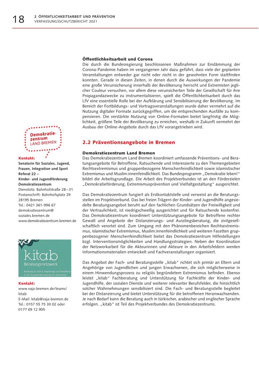 Seite 18 des Verfassungsschutzbericht 2021 Bremen