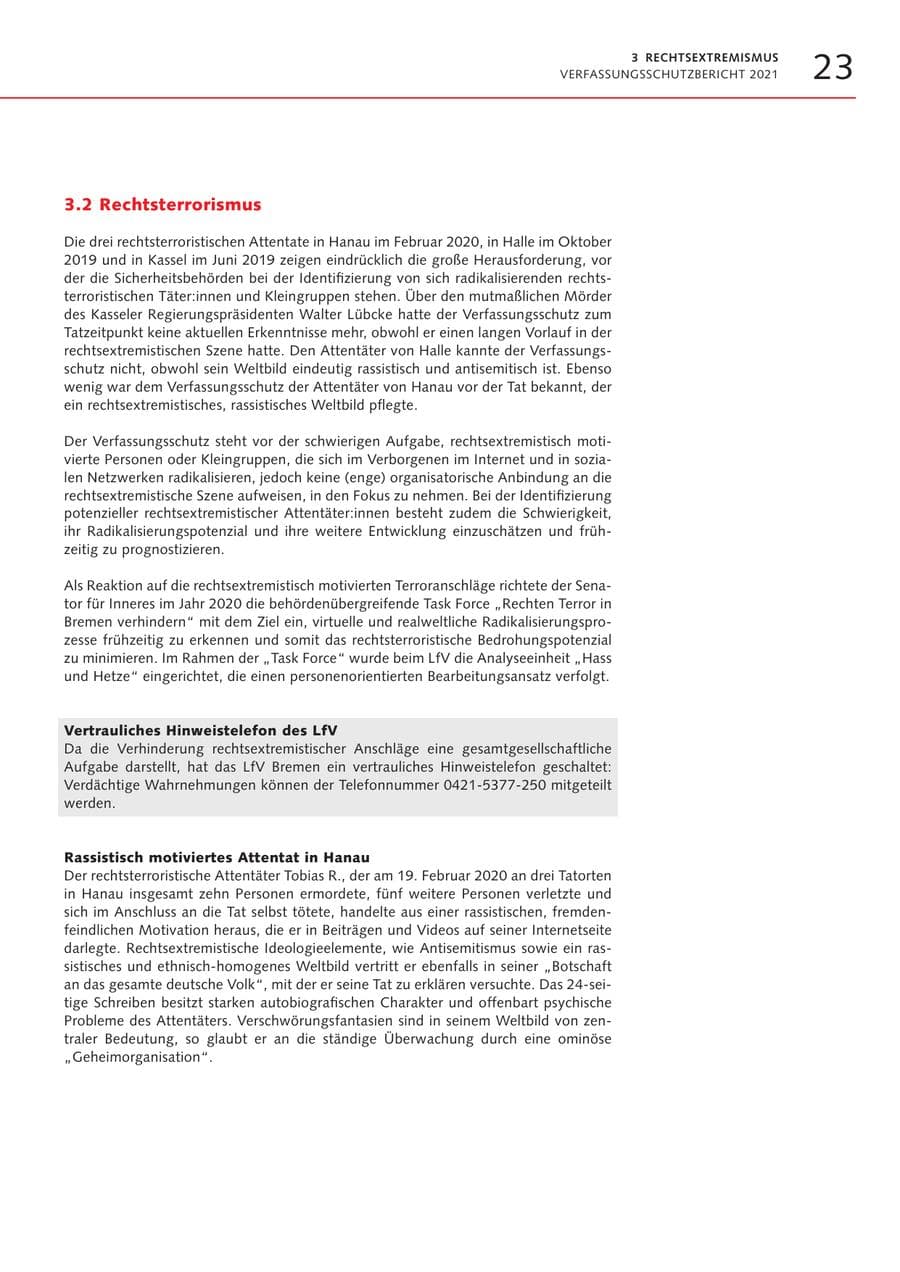 Seite 23 des Verfassungsschutzbericht 2021 Bremen