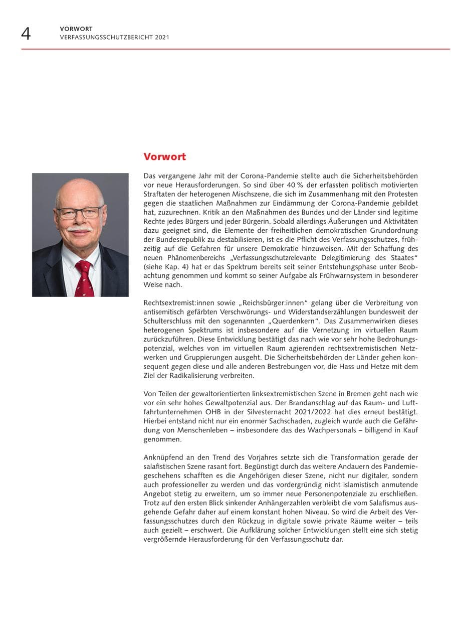 Seite 4 des Verfassungsschutzbericht 2021 Bremen