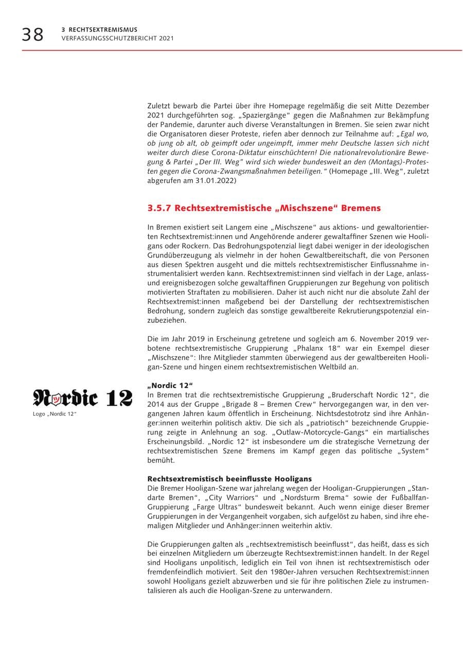 Seite 38 des Verfassungsschutzbericht 2021 Bremen