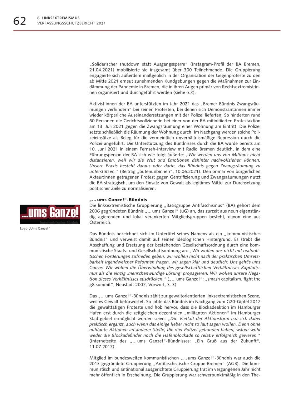 Seite 62 des Verfassungsschutzbericht 2021 Bremen