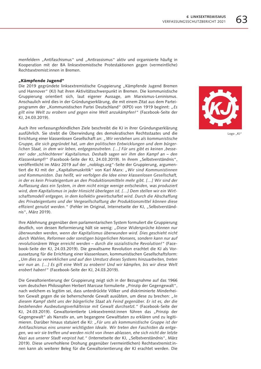 Seite 63 des Verfassungsschutzbericht 2021 Bremen