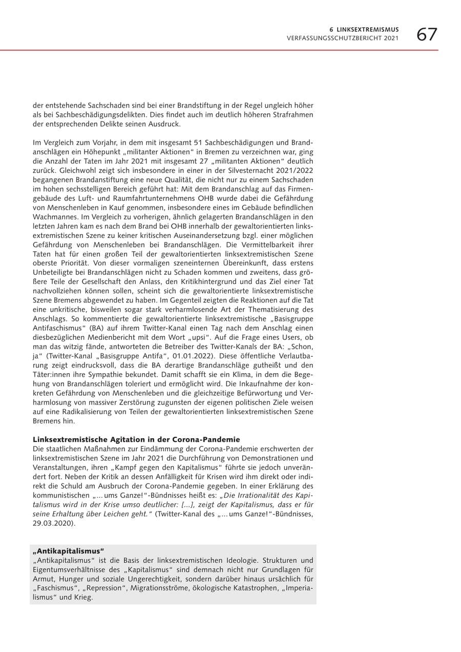 Seite 67 des Verfassungsschutzbericht 2021 Bremen
