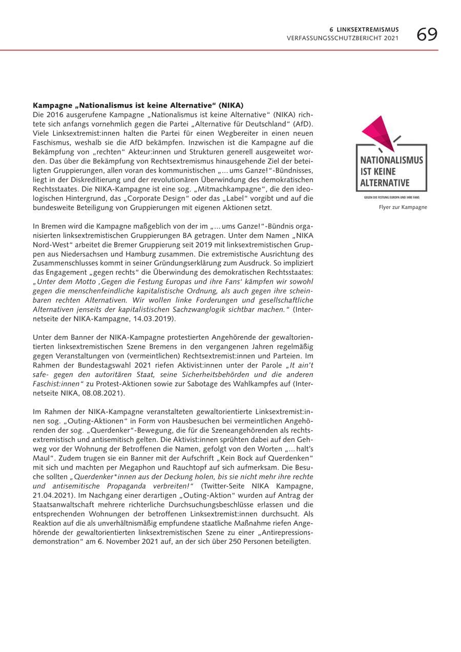 Seite 69 des Verfassungsschutzbericht 2021 Bremen