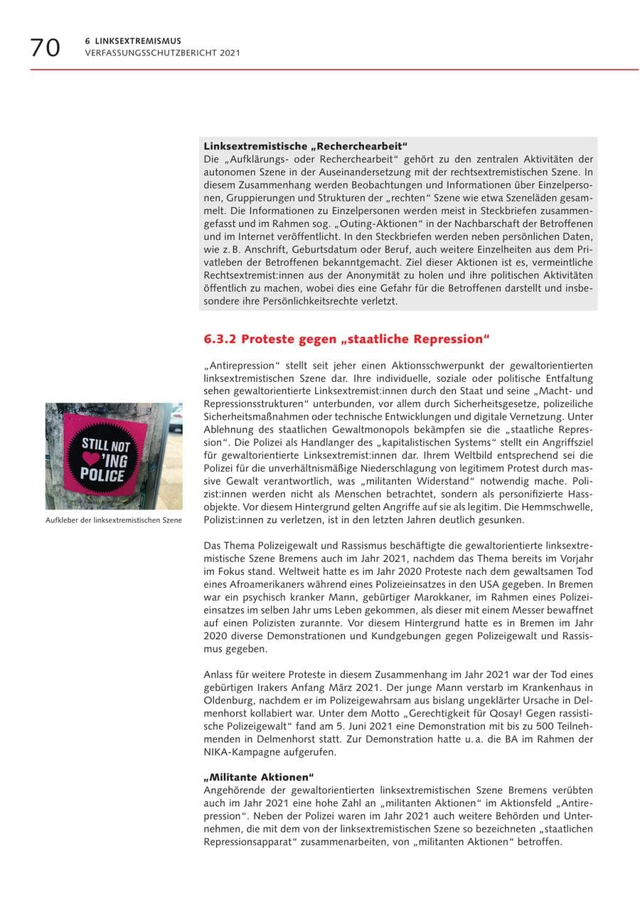 Seite 70 des Verfassungsschutzbericht 2021 Bremen