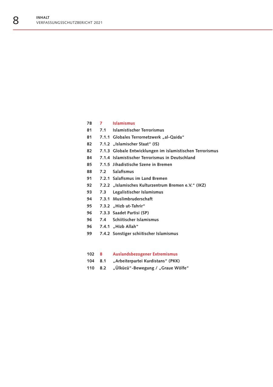 Seite 8 des Verfassungsschutzbericht 2021 Bremen