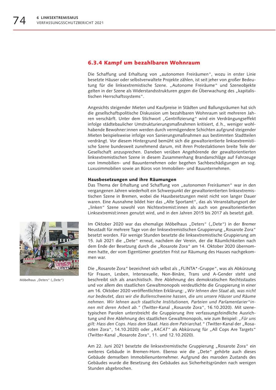 Seite 74 des Verfassungsschutzbericht 2021 Bremen