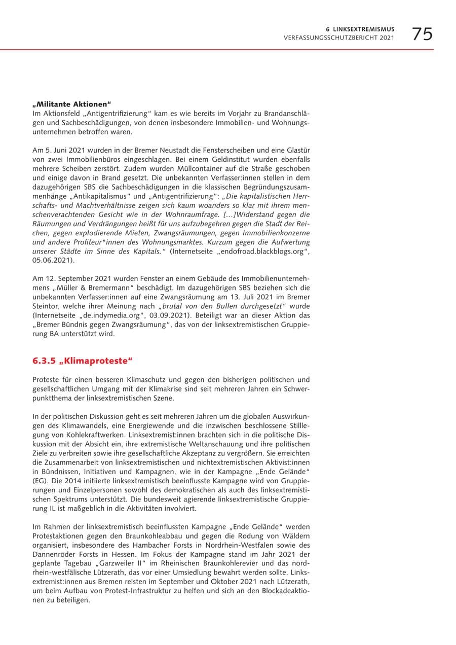 Seite 75 des Verfassungsschutzbericht 2021 Bremen