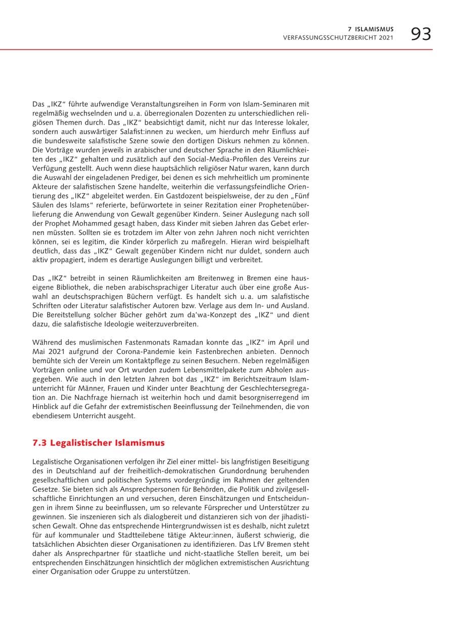 Seite 93 des Verfassungsschutzbericht 2021 Bremen