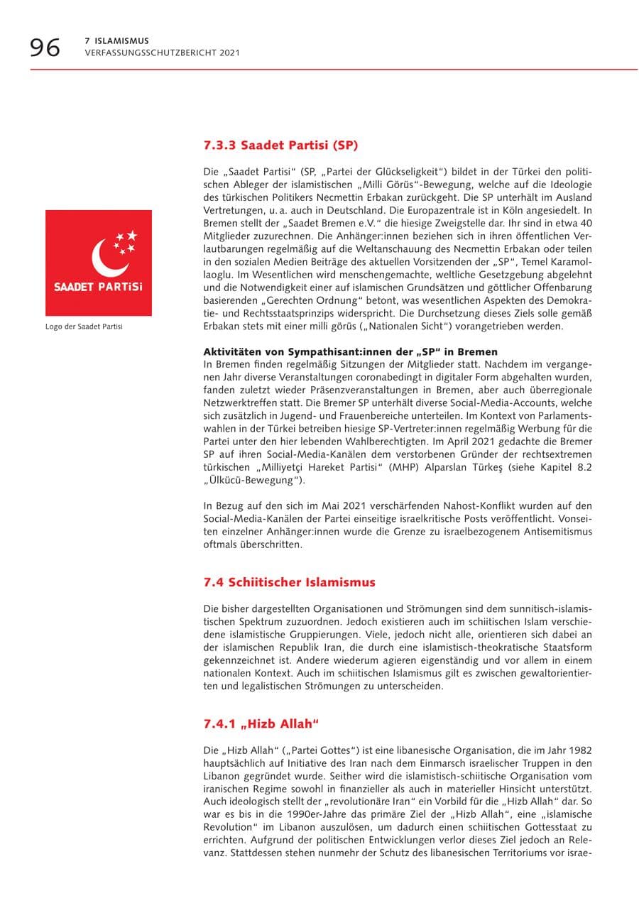 Seite 96 des Verfassungsschutzbericht 2021 Bremen