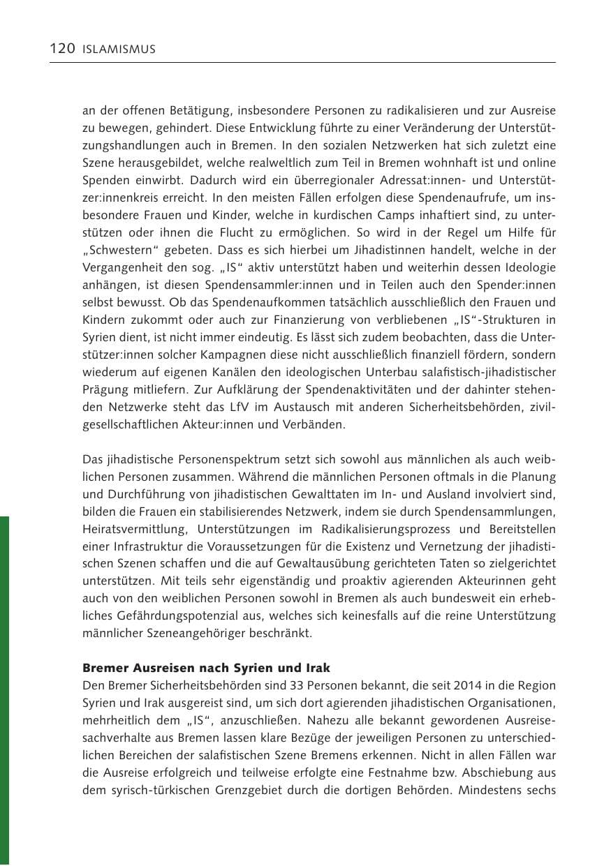 Seite 120 des Verfassungsschutzbericht 2022 Bremen