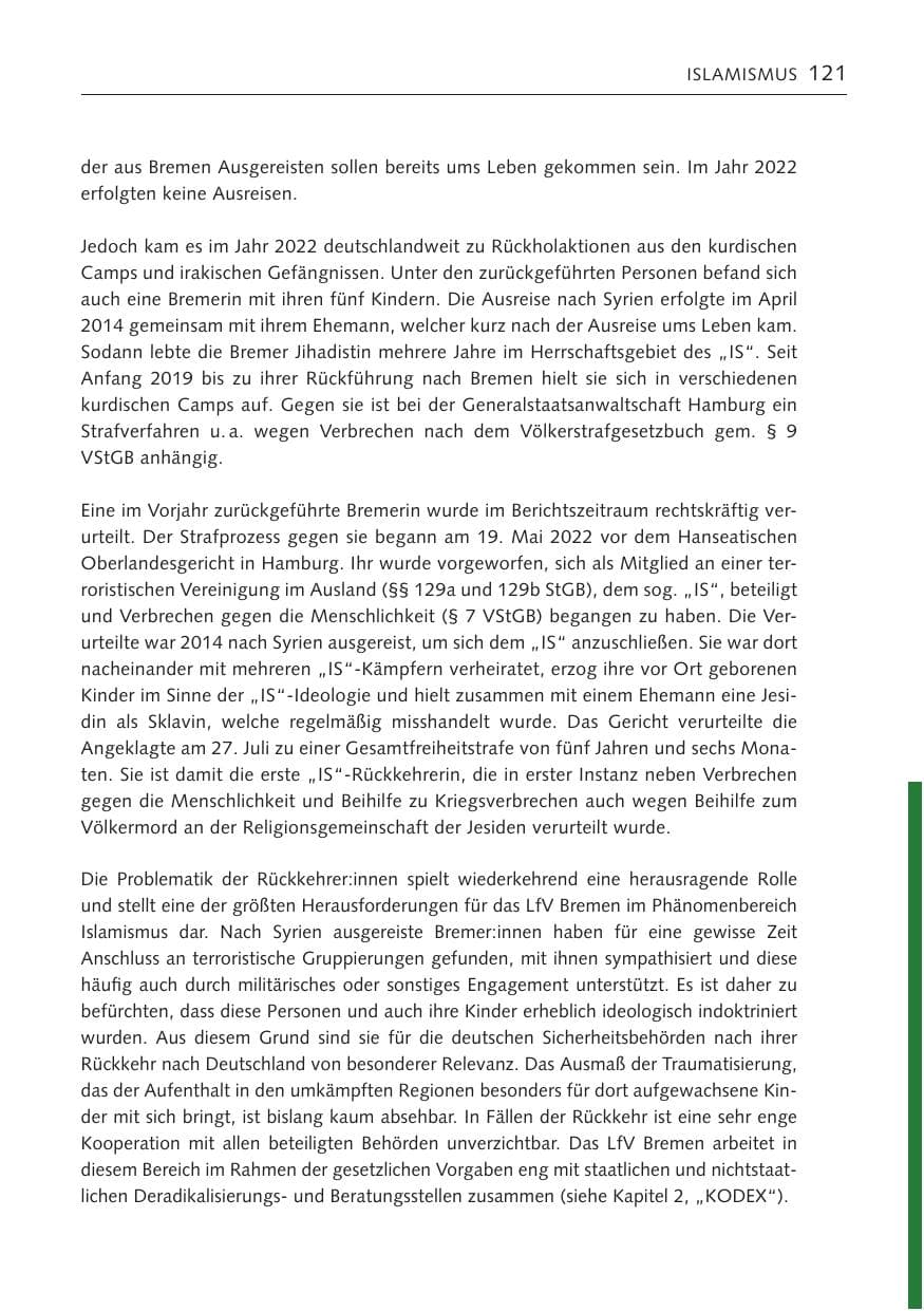 Seite 121 des Verfassungsschutzbericht 2022 Bremen