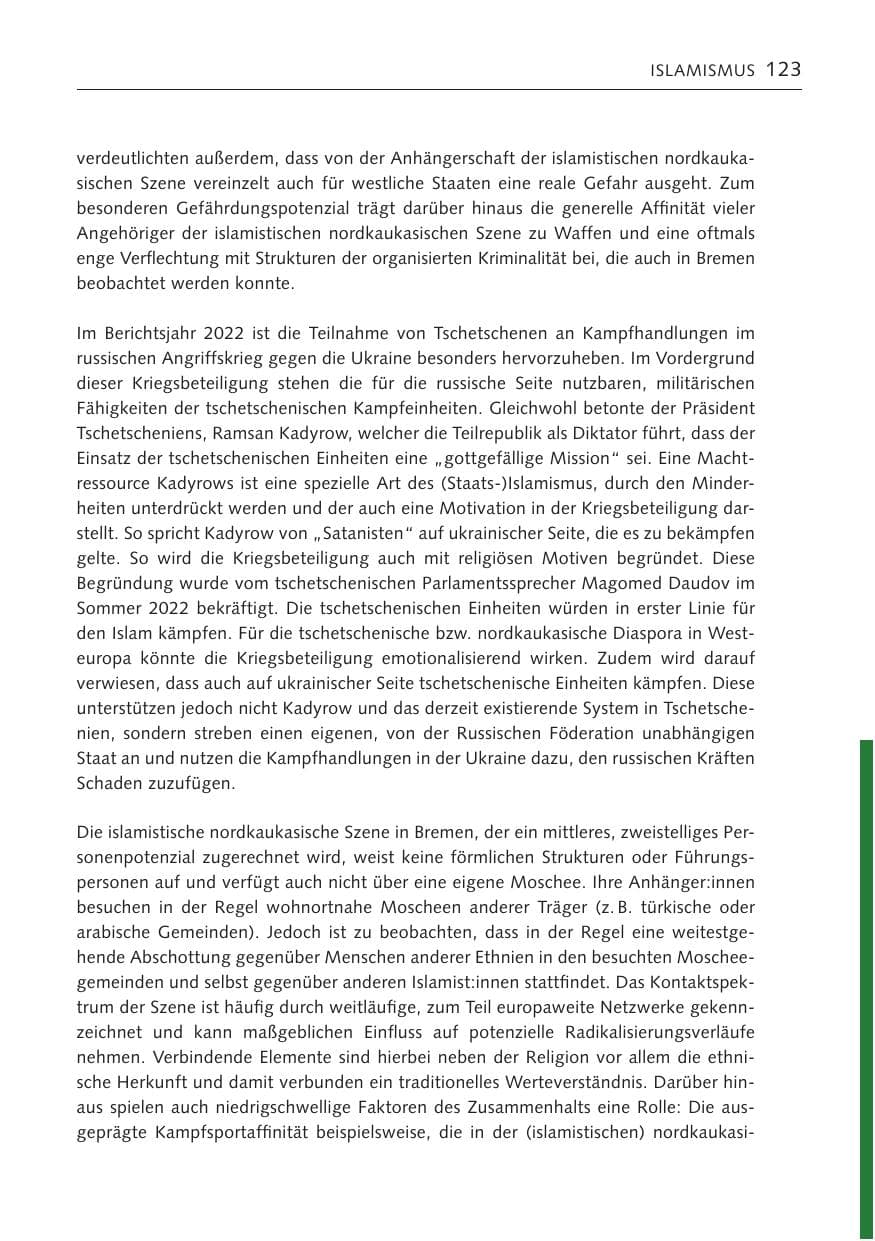 Seite 123 des Verfassungsschutzbericht 2022 Bremen