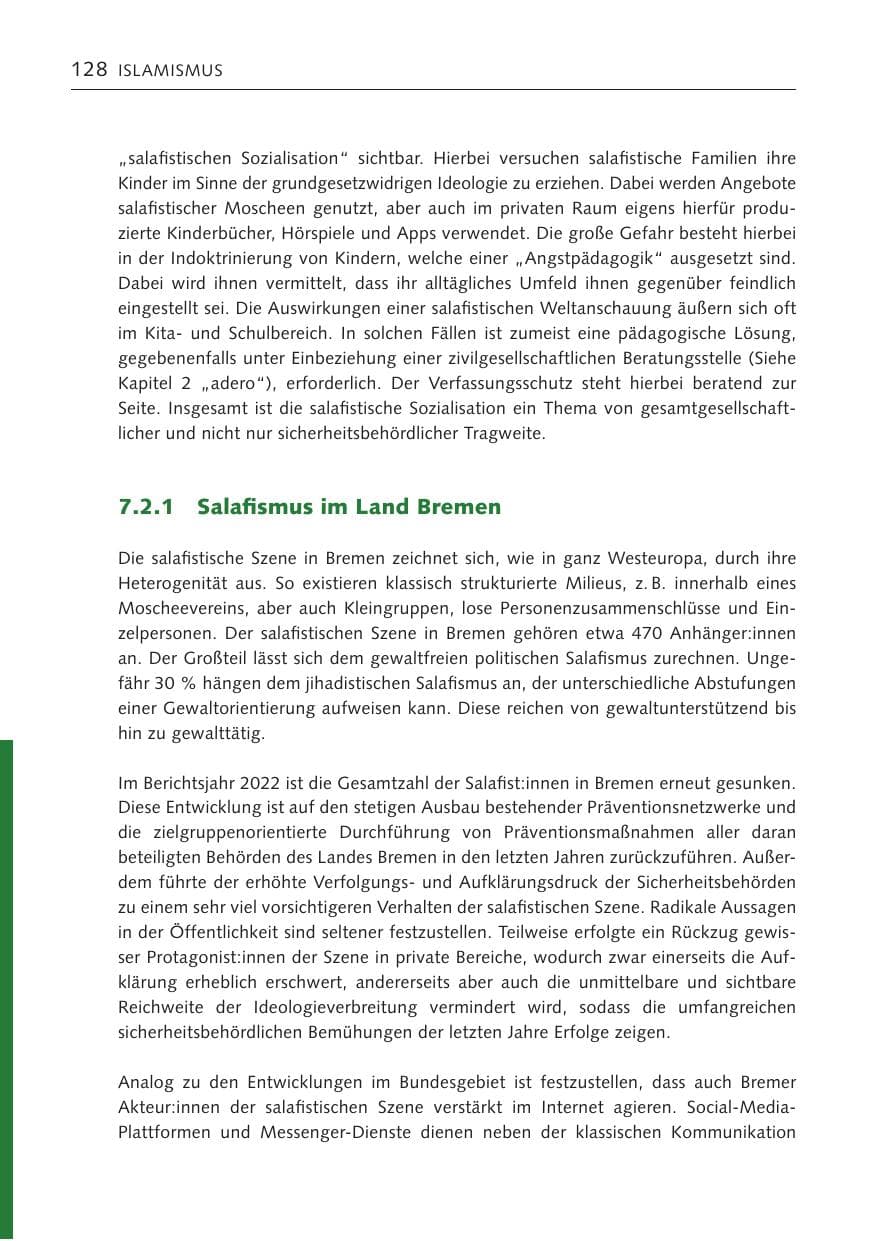 Seite 128 des Verfassungsschutzbericht 2022 Bremen