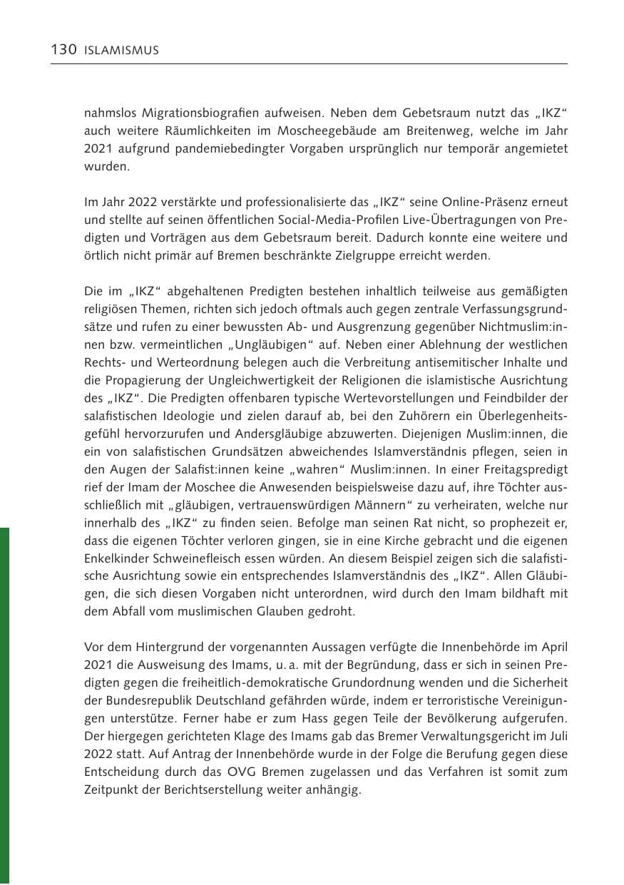Seite 130 des Verfassungsschutzbericht 2022 Bremen