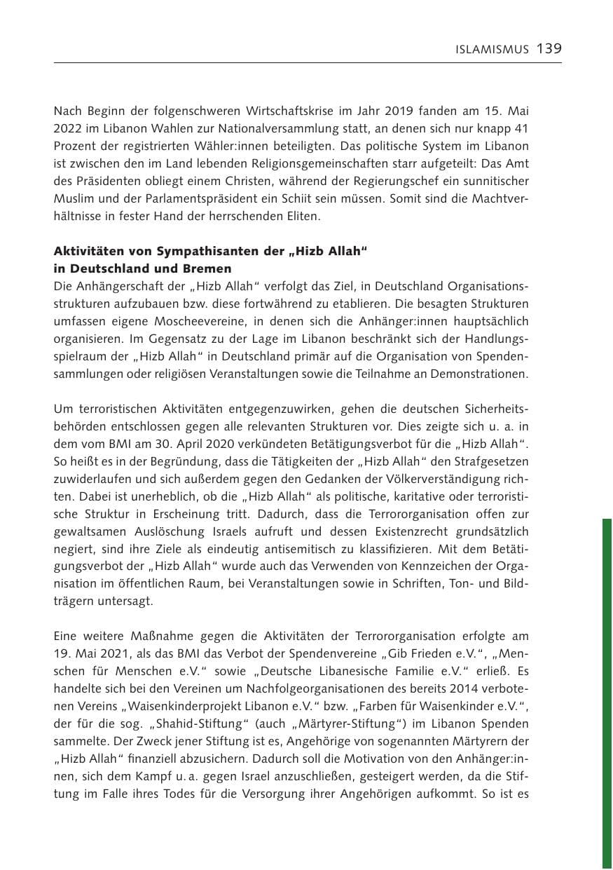 Seite 139 des Verfassungsschutzbericht 2022 Bremen