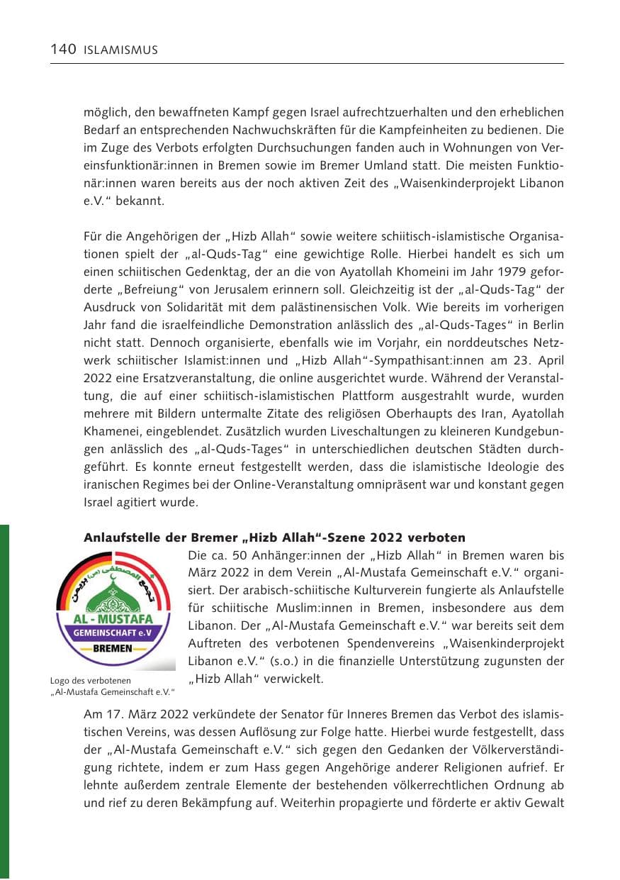 Seite 140 des Verfassungsschutzbericht 2022 Bremen