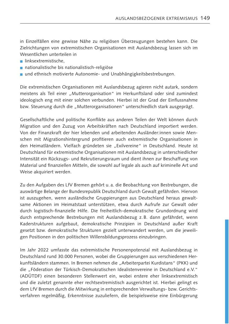 Seite 149 des Verfassungsschutzbericht 2022 Bremen