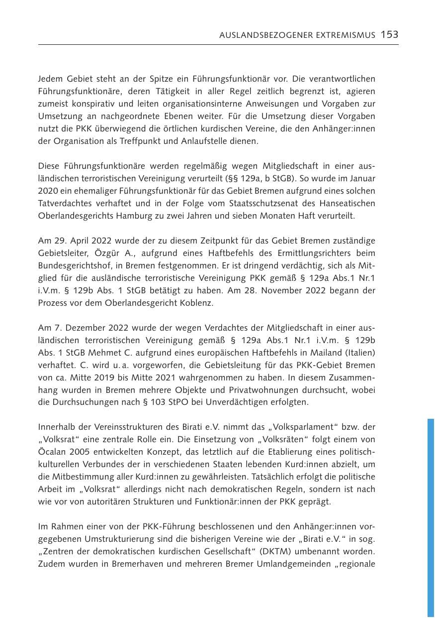 Seite 153 des Verfassungsschutzbericht 2022 Bremen