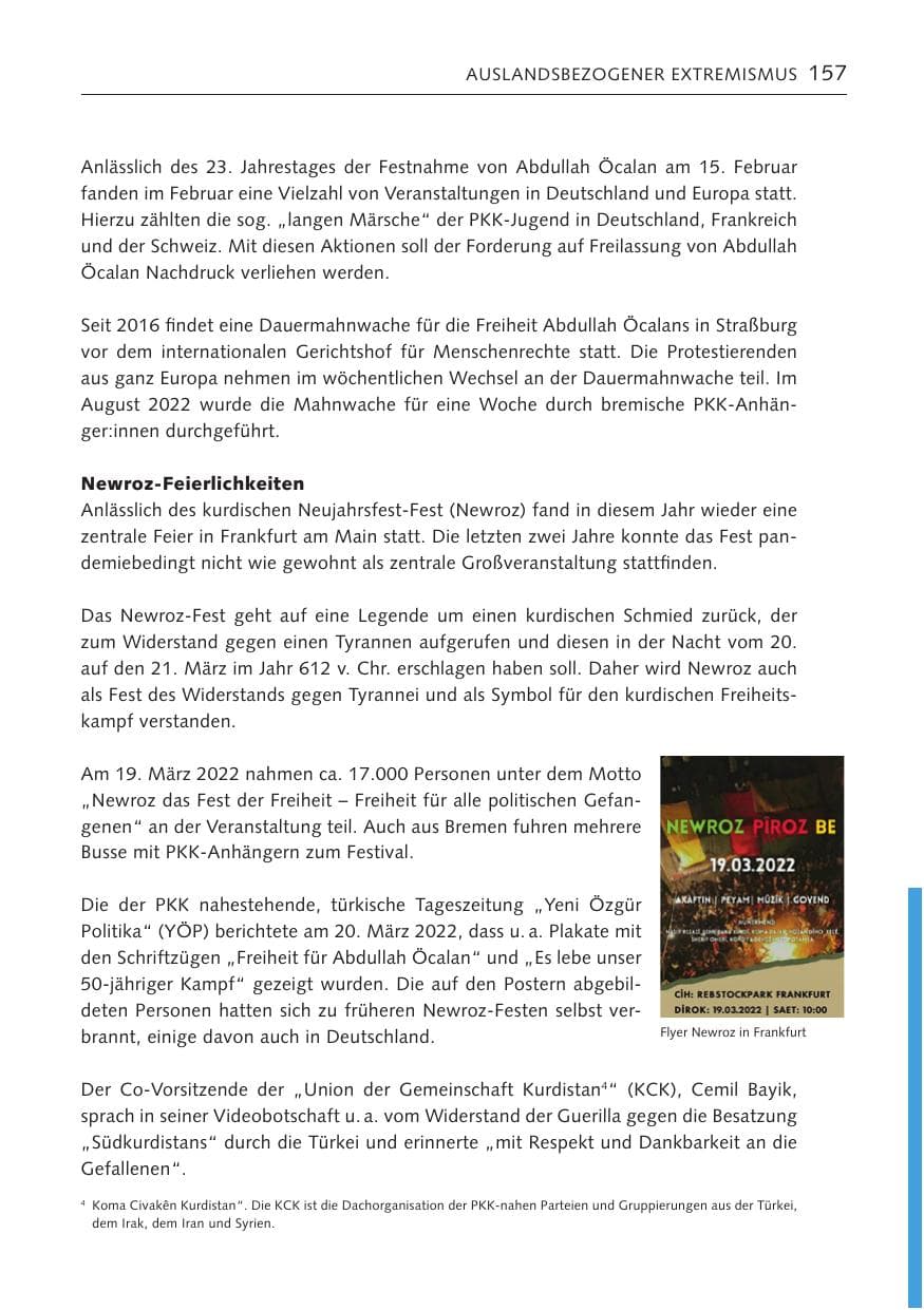 Seite 157 des Verfassungsschutzbericht 2022 Bremen