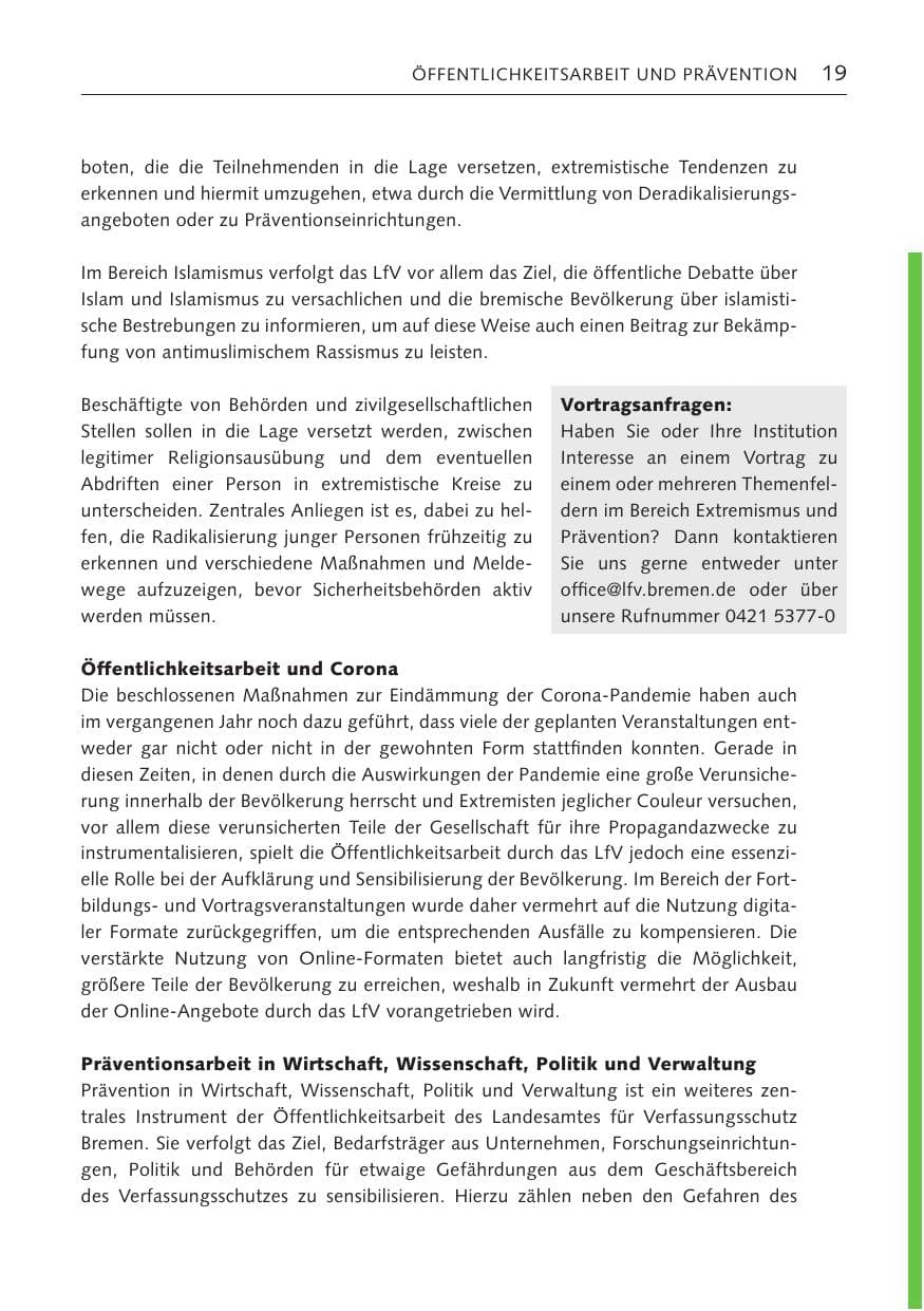 Seite 19 des Verfassungsschutzbericht 2022 Bremen