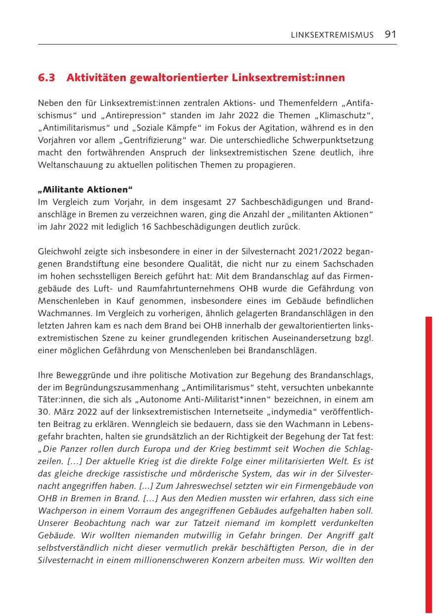 Seite 91 des Verfassungsschutzbericht 2022 Bremen