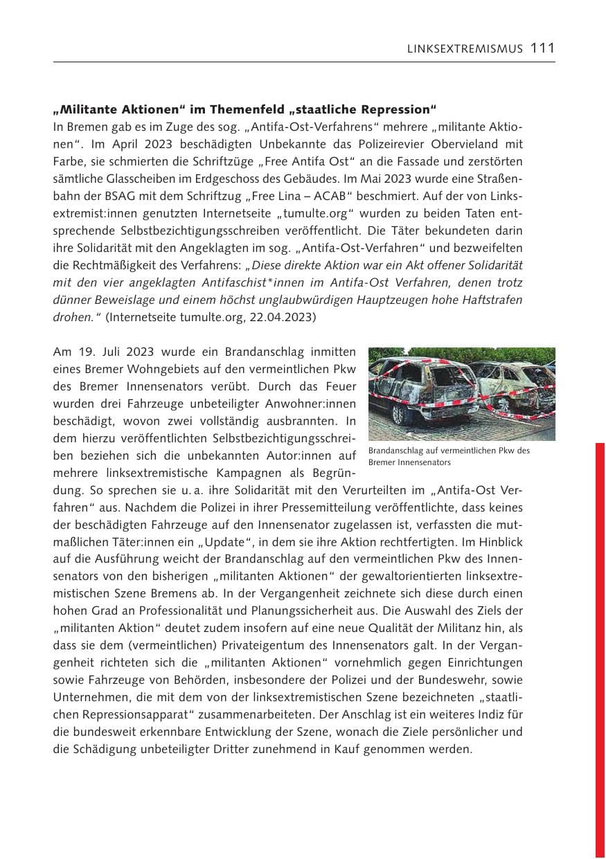 Seite 110 des Verfassungsschutzbericht 2023 Bremen