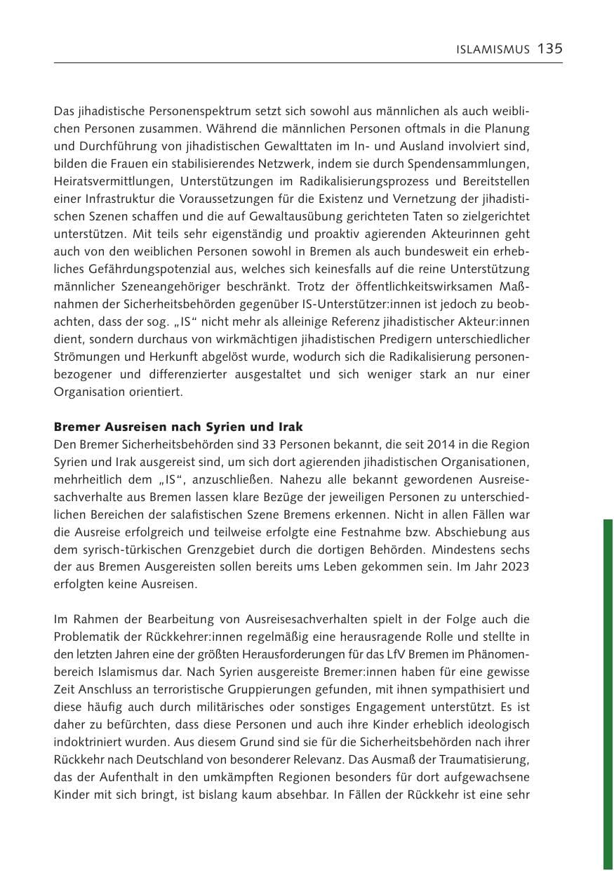 Seite 134 des Verfassungsschutzbericht 2023 Bremen