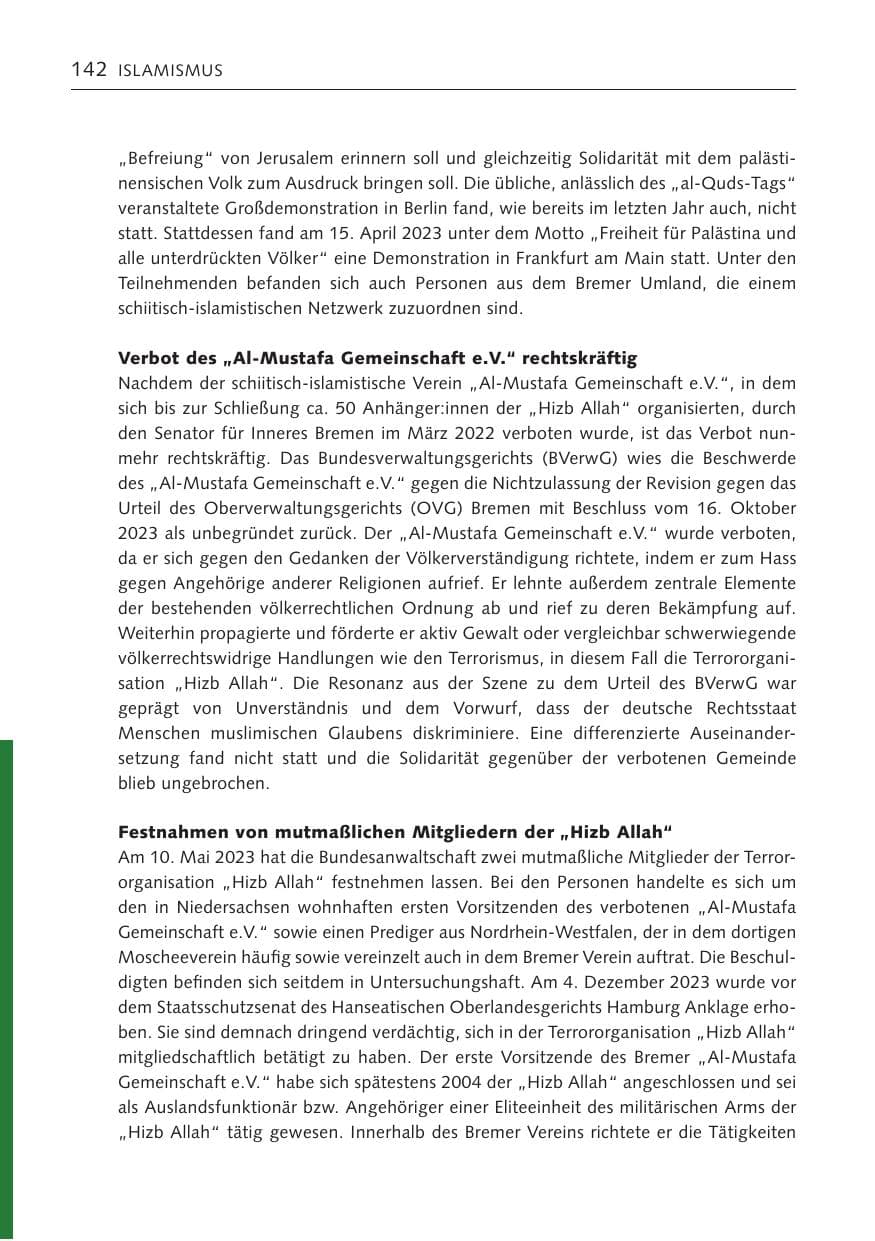 Seite 141 des Verfassungsschutzbericht 2023 Bremen