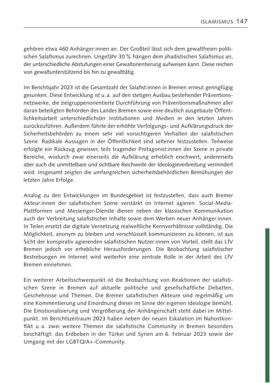 Seite 146 des Verfassungsschutzbericht 2023 Bremen