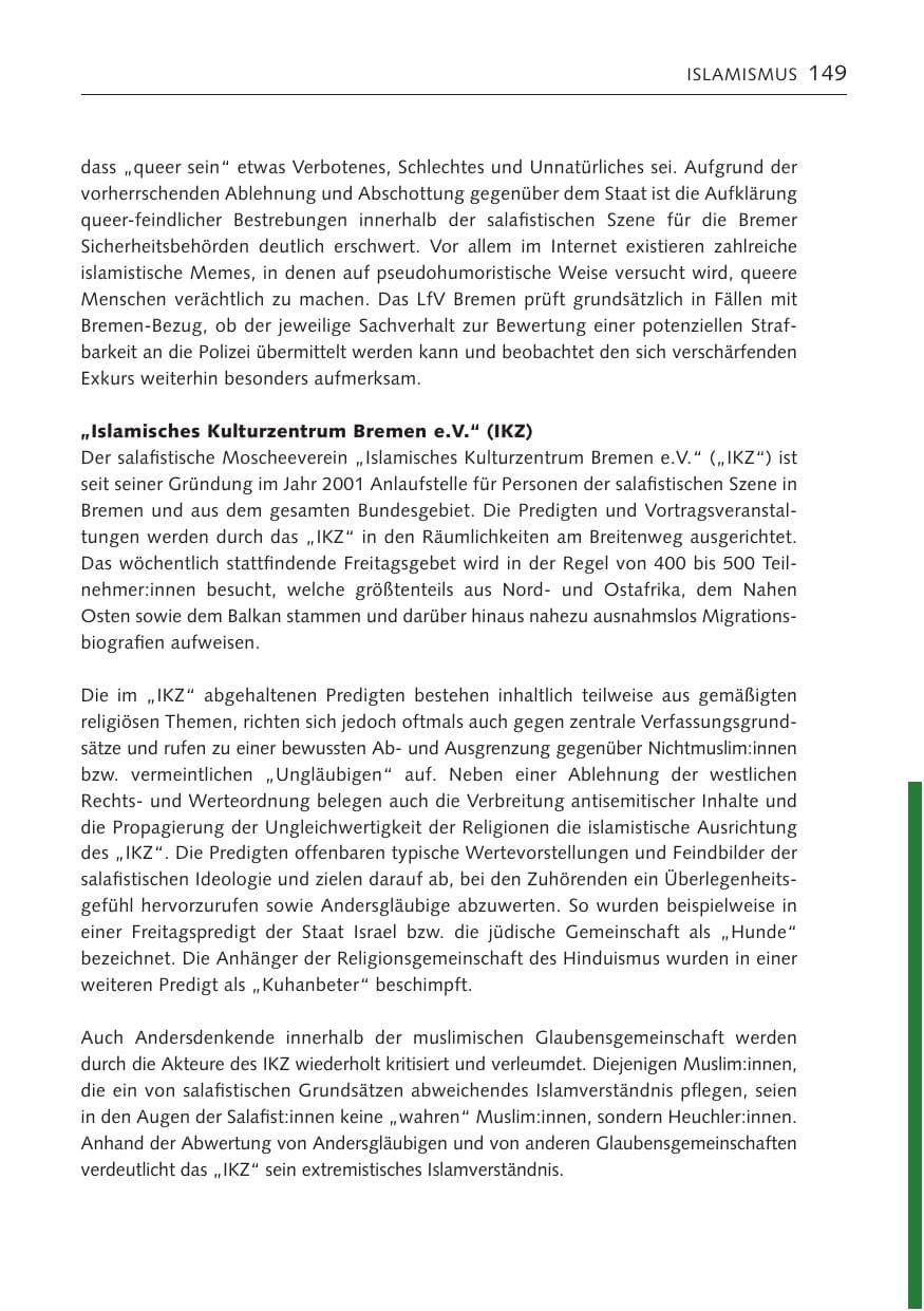 Seite 148 des Verfassungsschutzbericht 2023 Bremen