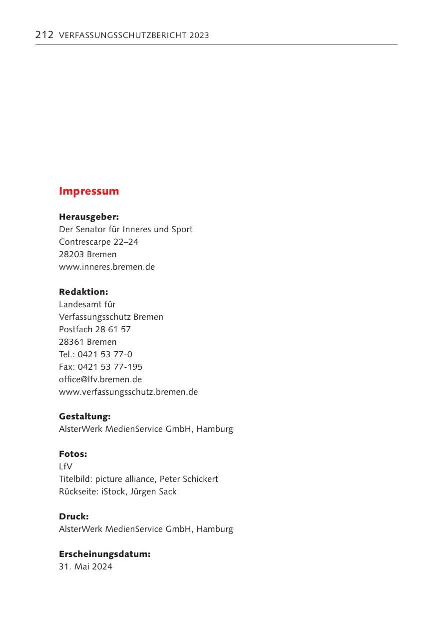 Seite 211 des Verfassungsschutzbericht 2023 Bremen