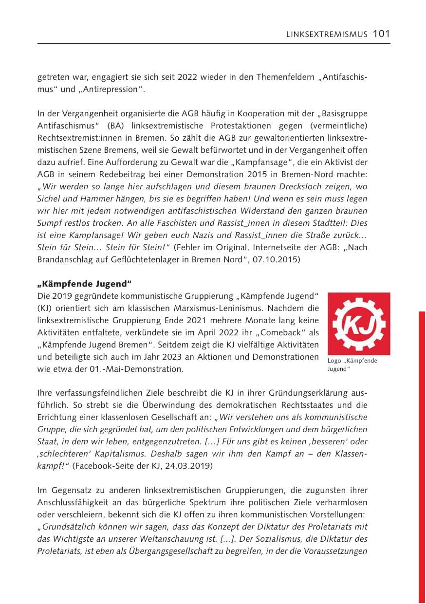 Seite 100 des Verfassungsschutzbericht 2023 Bremen