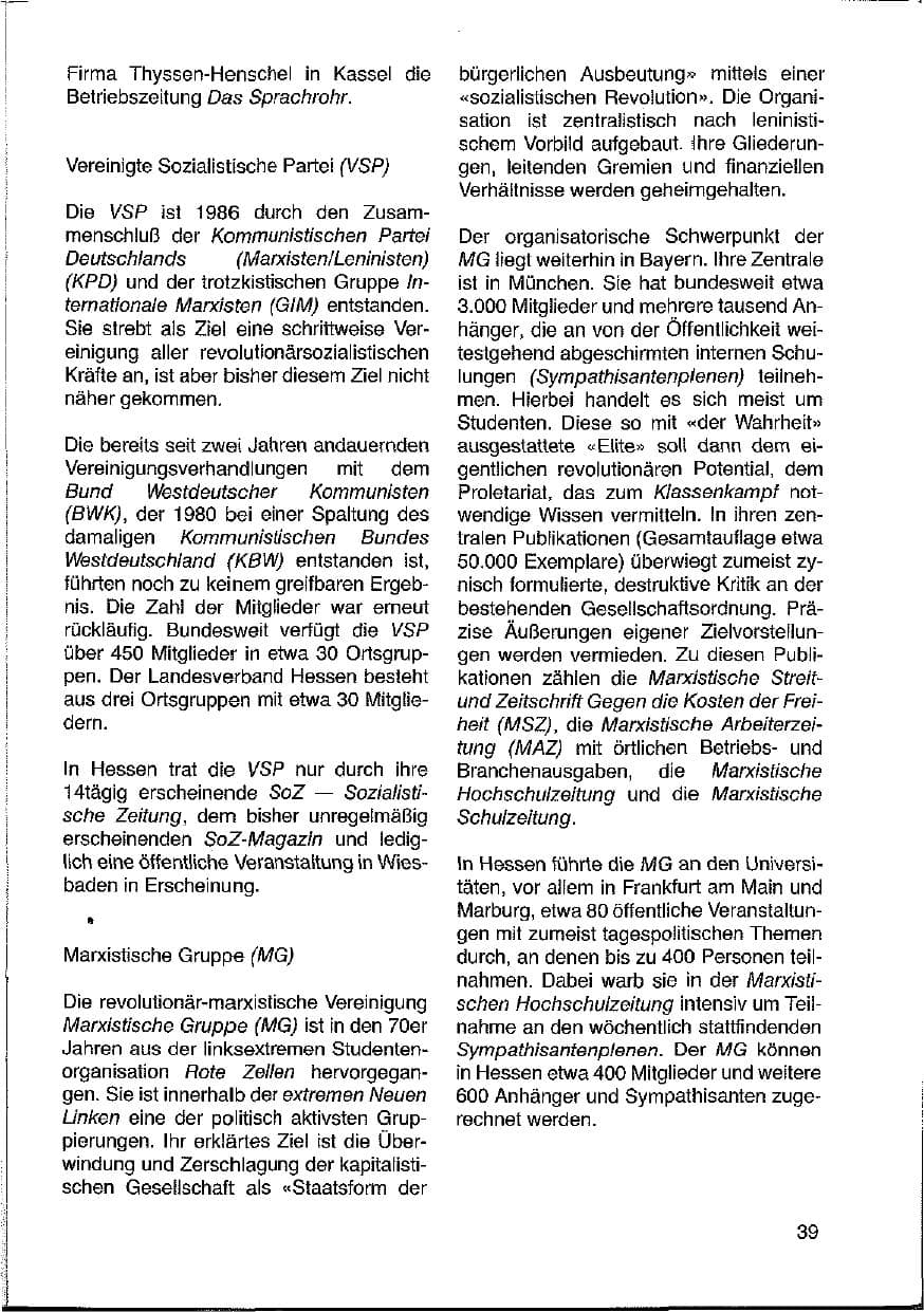 Seite 39 des Verfassungsschutzbericht 1988 Hessen