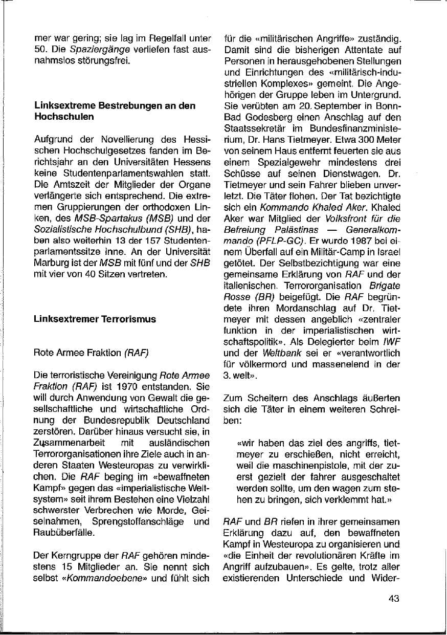 Seite 43 des Verfassungsschutzbericht 1988 Hessen