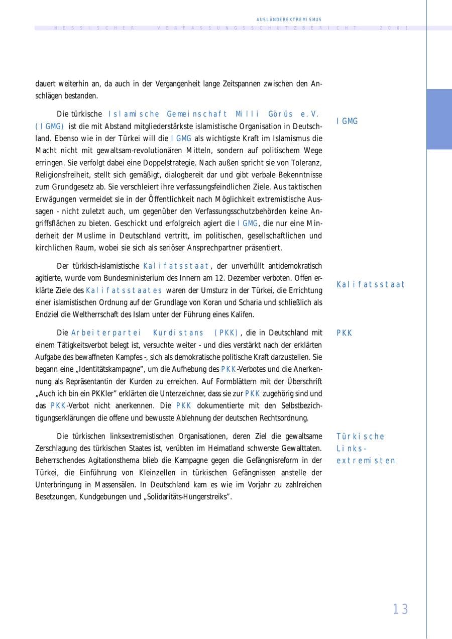 Seite 13 des Verfassungsschutzbericht 2001 Hessen