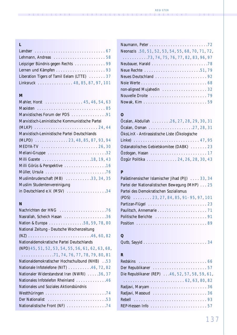 Seite 137 des Verfassungsschutzbericht 2001 Hessen