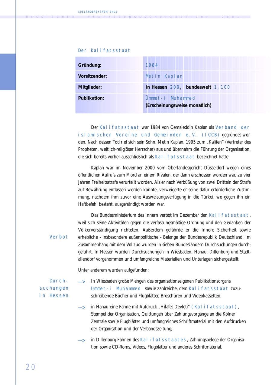 Seite 20 des Verfassungsschutzbericht 2001 Hessen