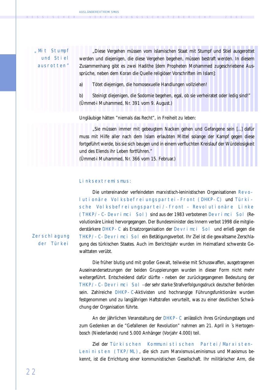 Seite 22 des Verfassungsschutzbericht 2001 Hessen