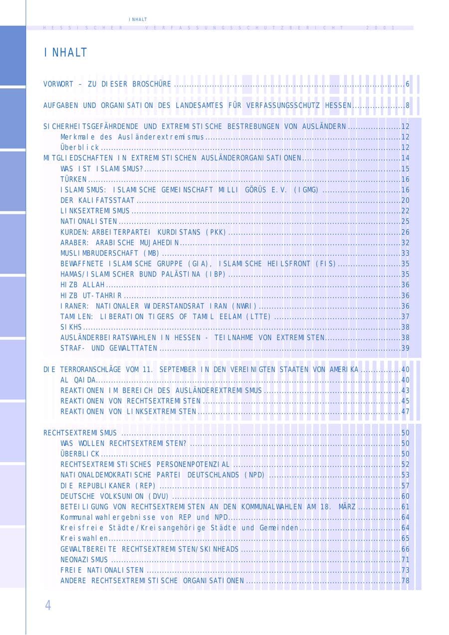 Seite 4 des Verfassungsschutzbericht 2001 Hessen