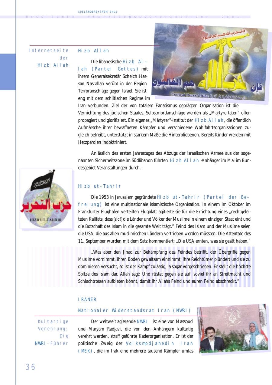 Seite 36 des Verfassungsschutzbericht 2001 Hessen