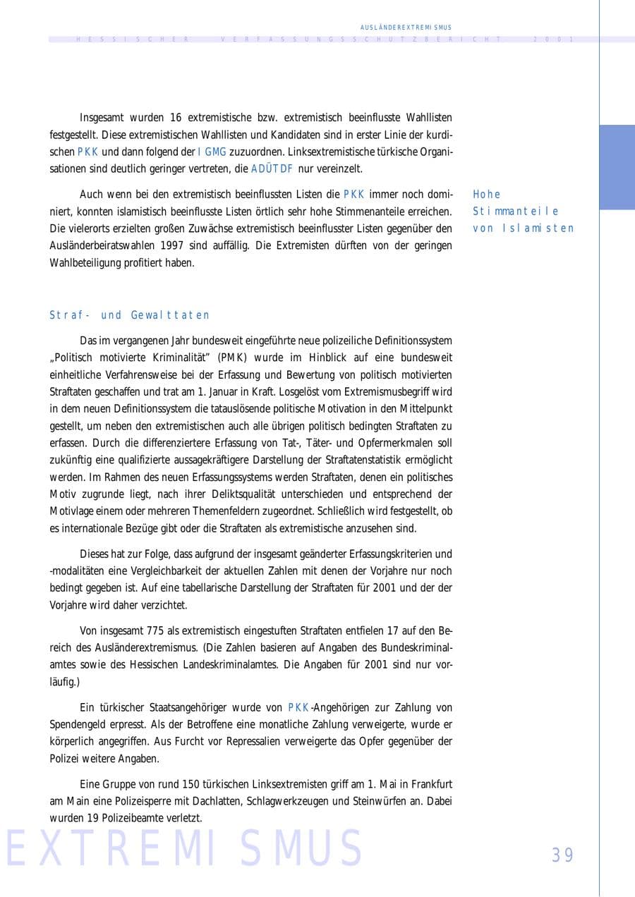 Seite 39 des Verfassungsschutzbericht 2001 Hessen