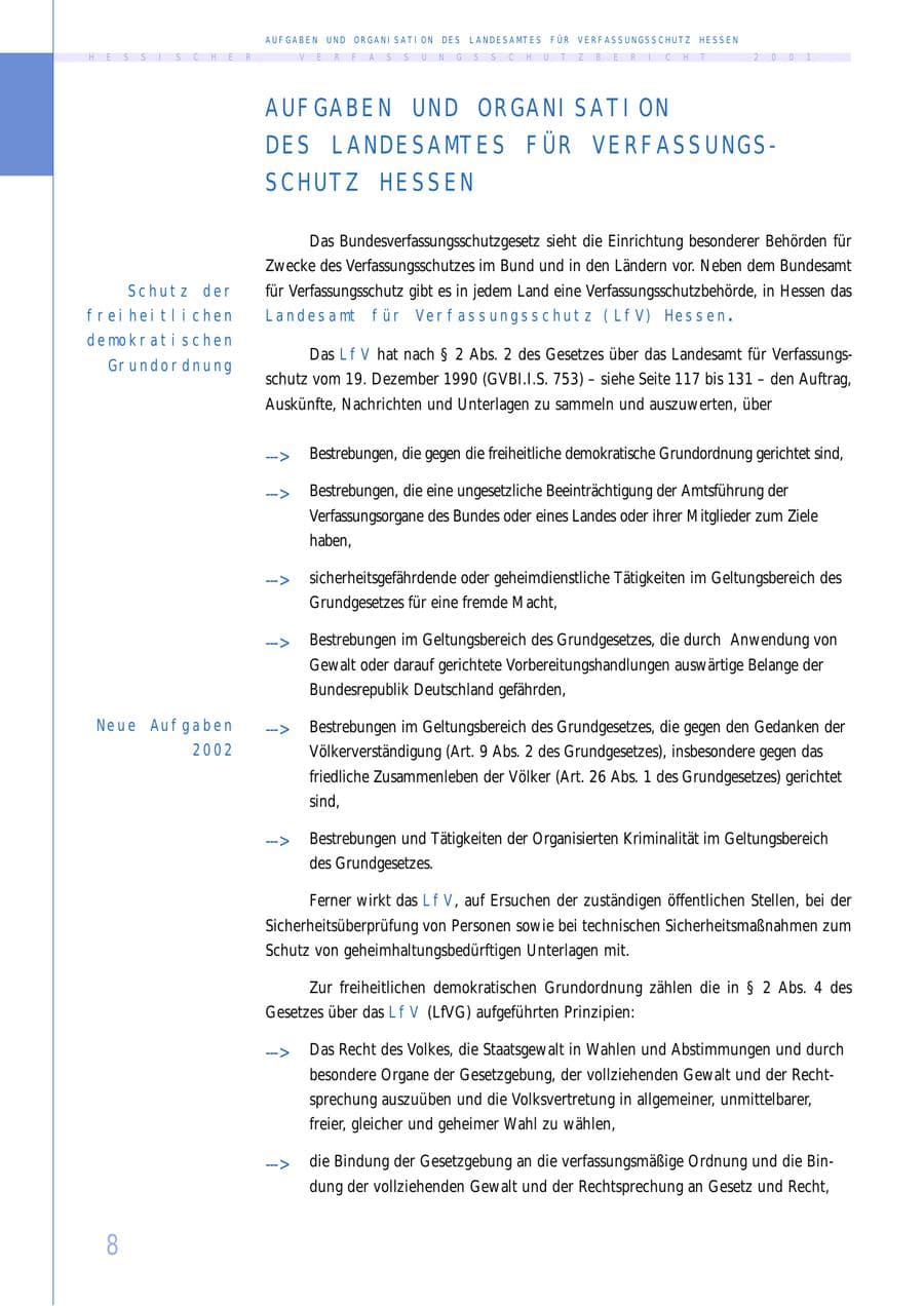 Seite 8 des Verfassungsschutzbericht 2001 Hessen