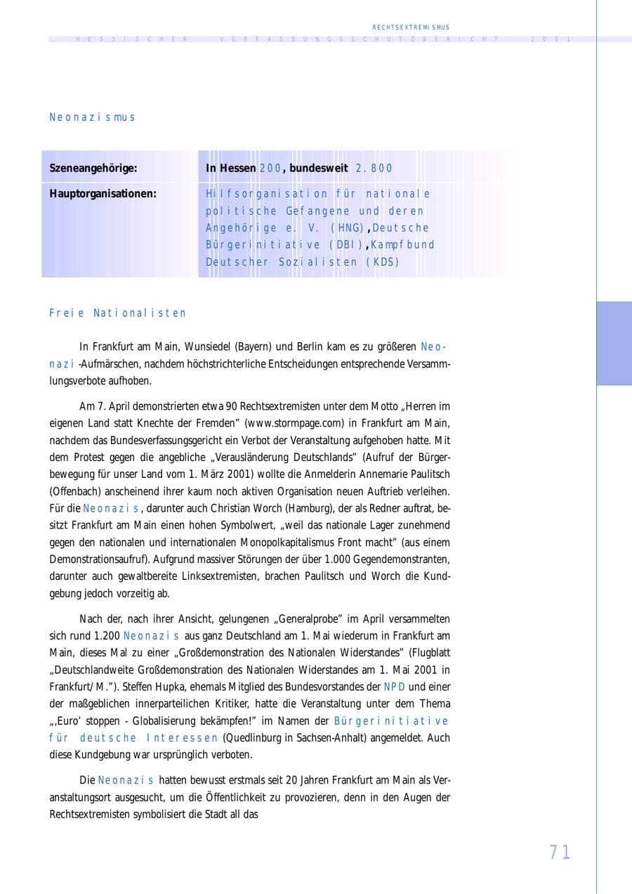 Seite 71 des Verfassungsschutzbericht 2001 Hessen