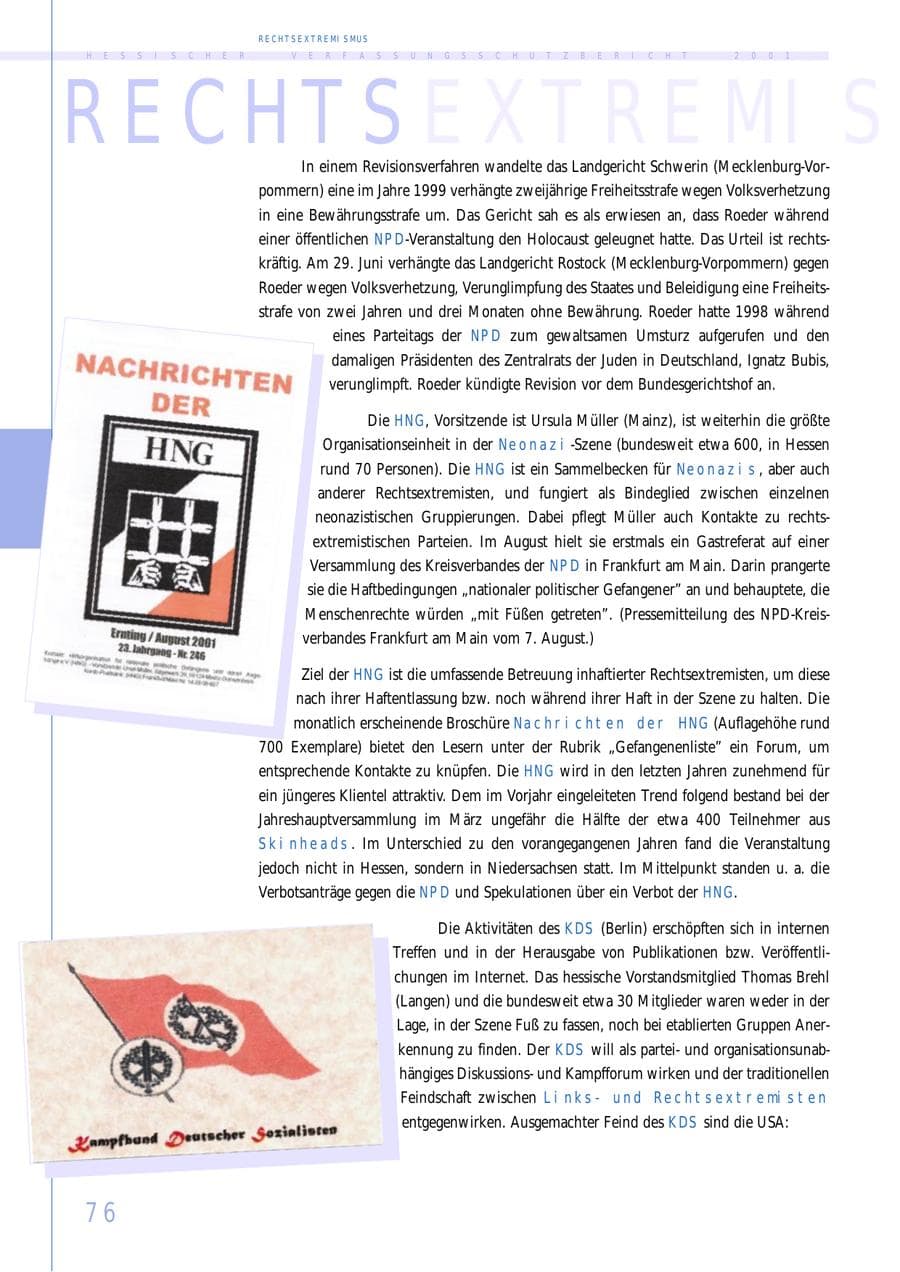 Seite 76 des Verfassungsschutzbericht 2001 Hessen