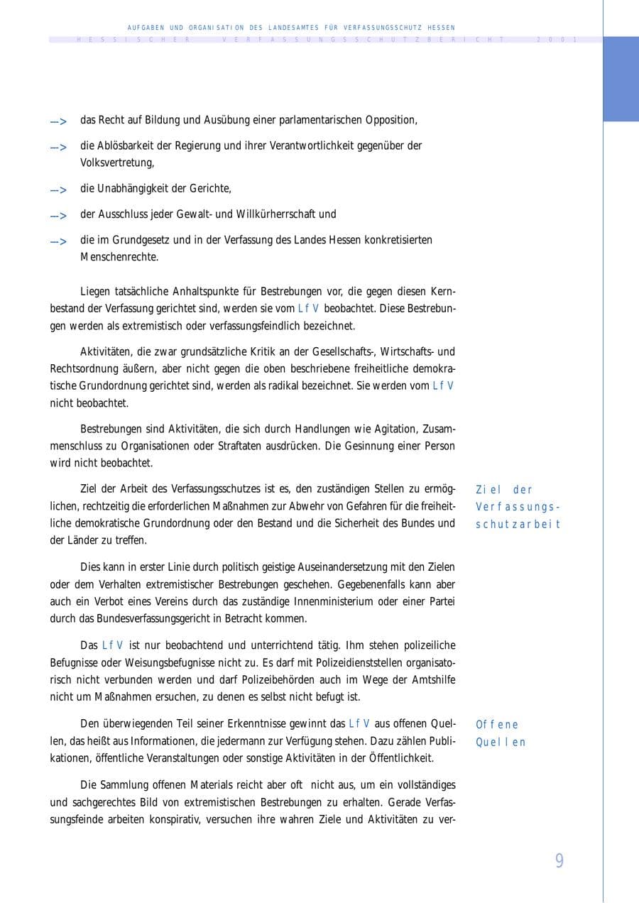 Seite 9 des Verfassungsschutzbericht 2001 Hessen